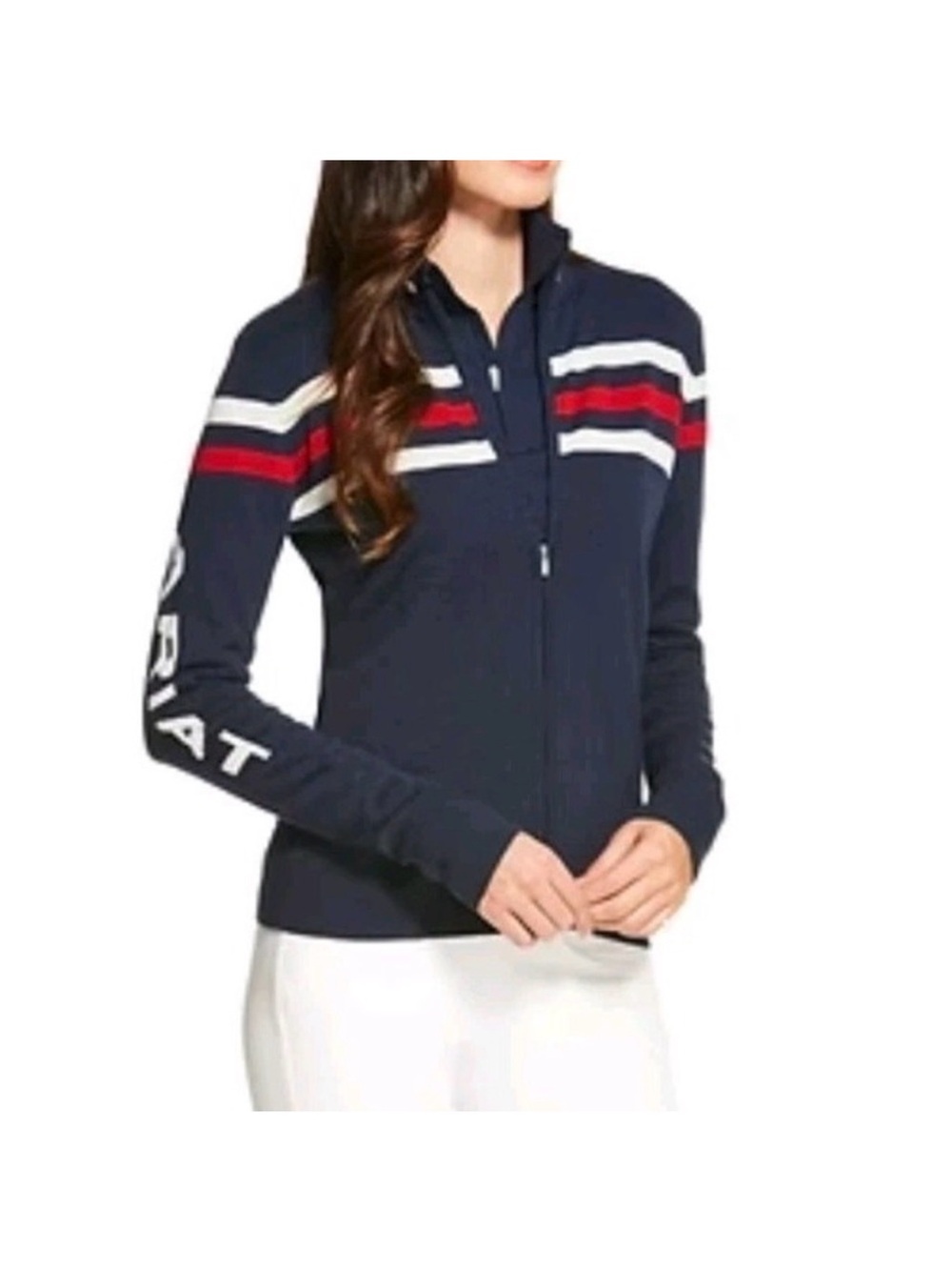 Ariat Navy Zip Front Bomber Jacket with Red & White Stripes